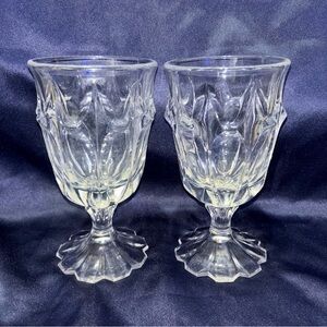 Vintage Clear Pressed Glass Footed Water Goblets Mid Century Leaf/Panel Design